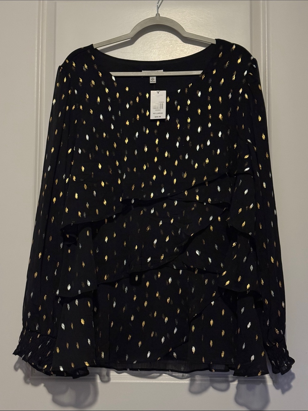 Ruffled Black Blouse with Gold & Silver Metallic Accents